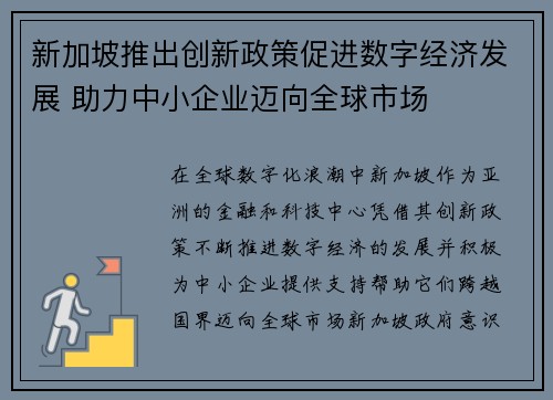 新加坡推出创新政策促进数字经济发展 助力中小企业迈向全球市场 新加坡推出创新政策促进数字经济发展 助力中小企业迈向全球市场